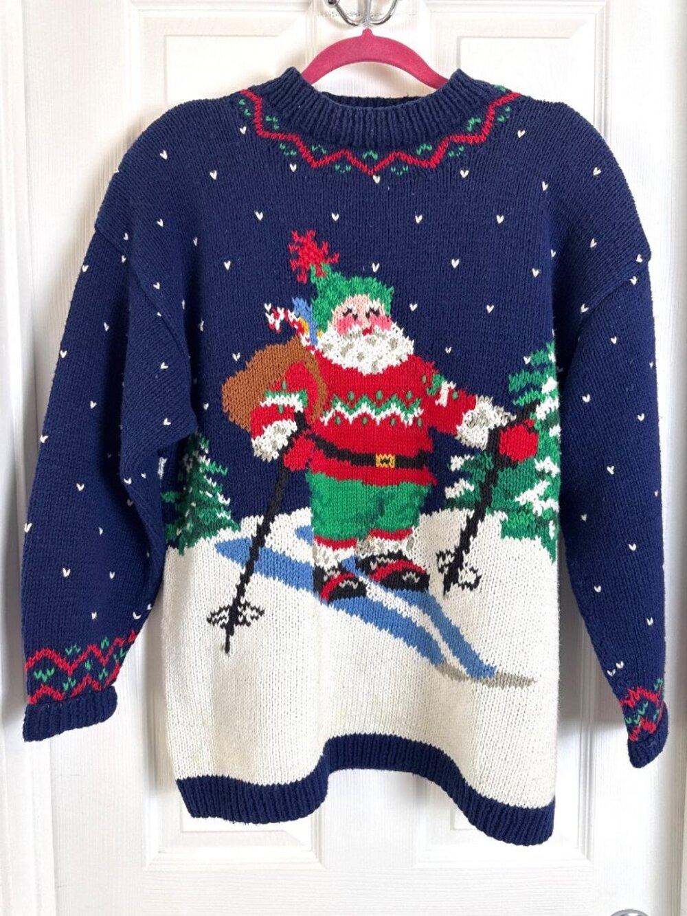 Vintage Handmade Northern Isles Christmas Sweater Skiing Santa Blue/White Sz L